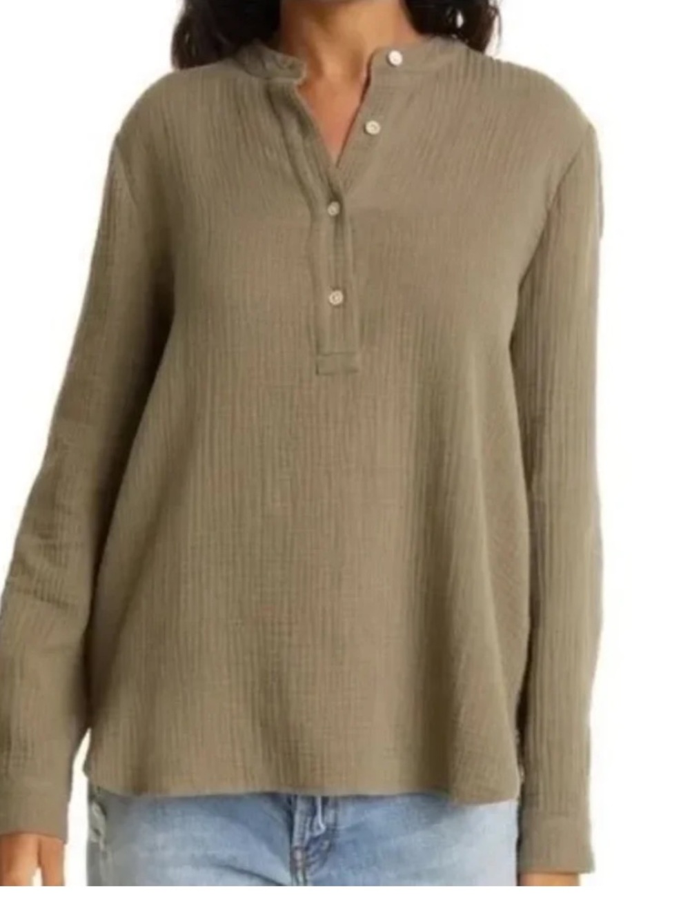 Jenni Kayne Cypress Cotton Henley Neck Long Sleeve Shirt Olive Green Tunic M